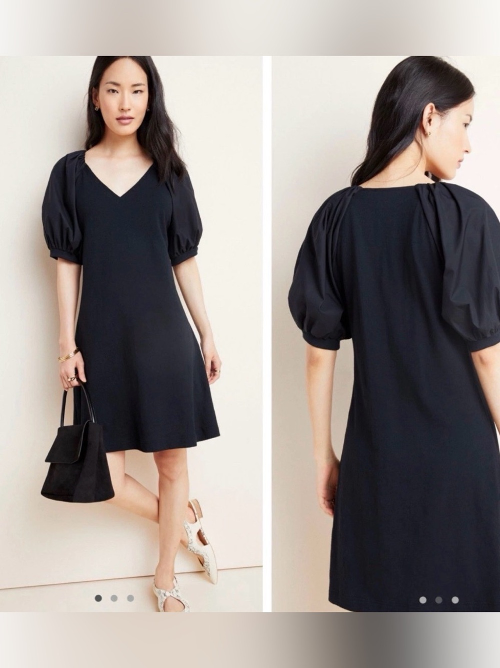 Maeve by Anthropologie Black V-Neck Puff-Sleeve Mini Dress Size XS